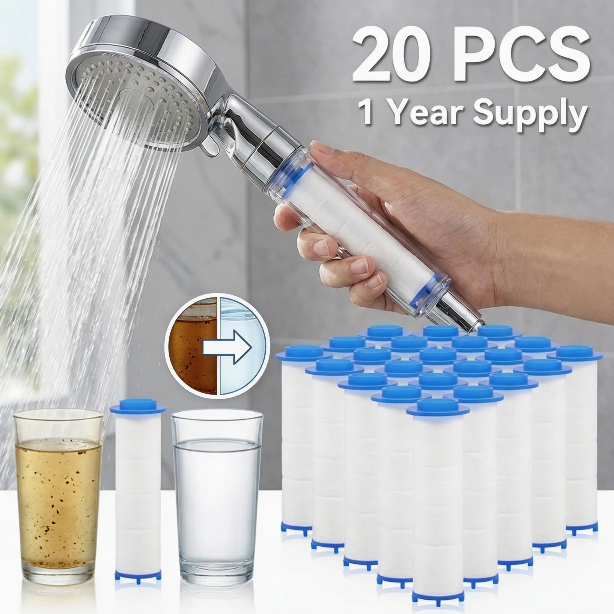 Shower Valve Cartridge - 20個入りシャワーヘッドフィルター PPコットンフィルター シャワーヘッドカートリッジ用交換品 ハンドヘルドシャワーヘッド用ウォーターフィルターコアコットン